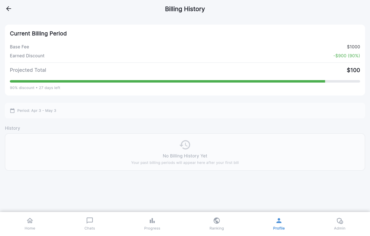 MilosPledge billing history
